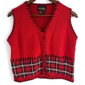 Requirements Vintage Red Knit Vest Plaid Accents Women’s Large Petite Timeless